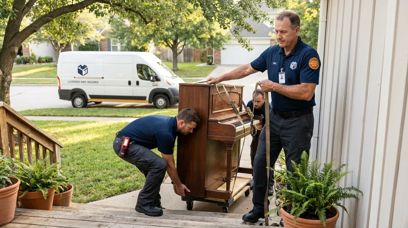 Licensed piano movers securing grand piano in Polson, MT