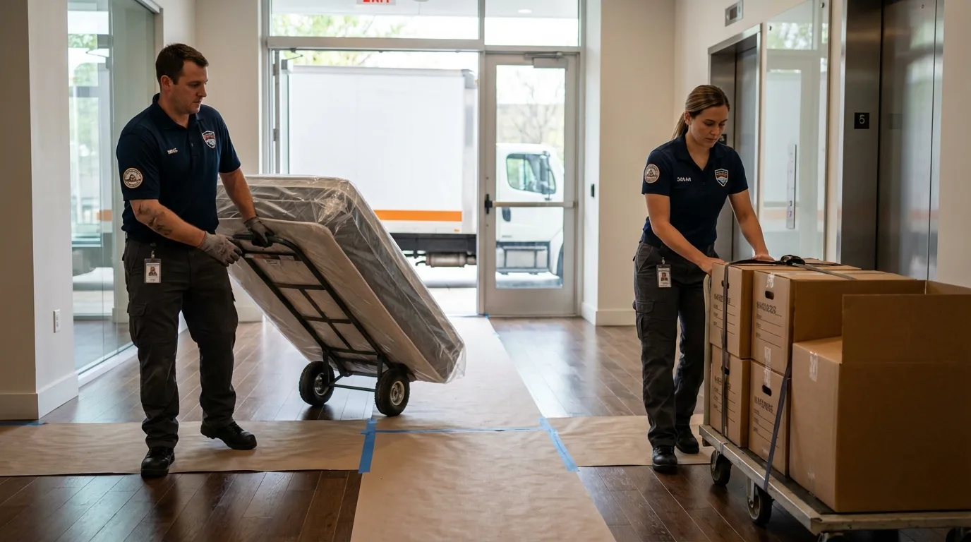 Professional apartment movers loading elevator in Polson, MT